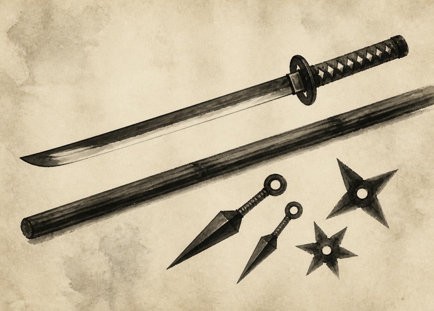 Armas tradicionais do Ninjutsu — katana, bo, kunai e shuriken em sumi-e